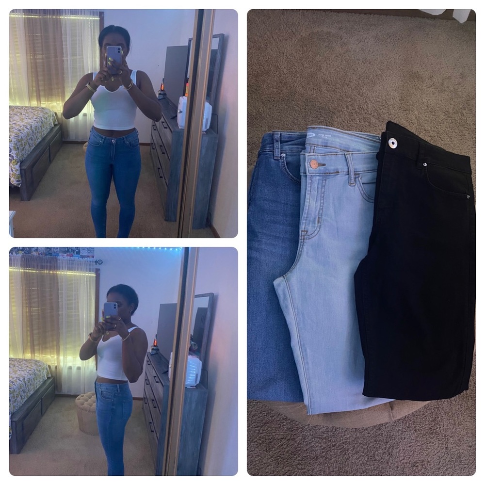 Dark , light and black skinny jeans.